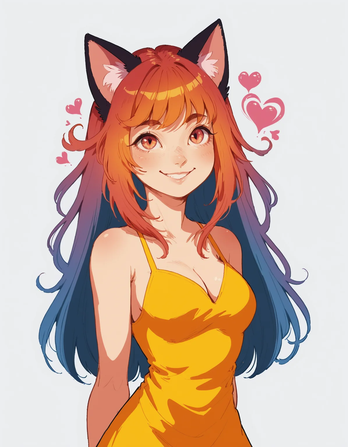 1girl, woman, solo, simple background, cat tail, cat ears, medium sized breasts, cleavage, summer dress, smile, long hair, hands behind back, hearts, love, colorful, large eyes, vintage_pop <lora:whimsical_vintage_pop:1>