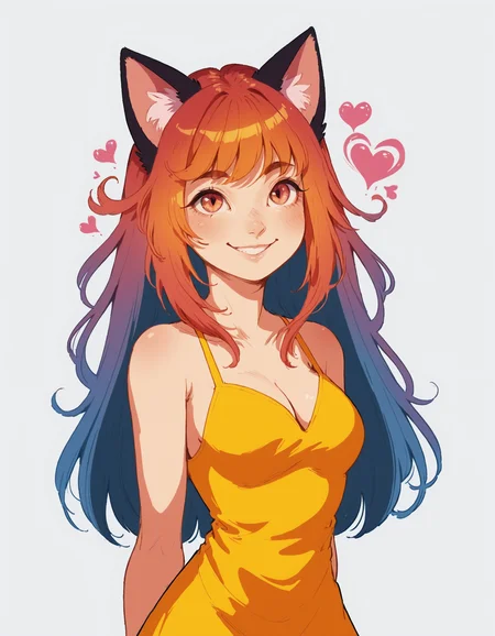 1girl, woman, solo, simple background, cat tail, cat ears, medium sized breasts, cleavage, summer dress, smile, long hair, hands behind back, hearts, love, colorful, large eyes, vintage_pop <lora:whimsical_vintage_pop:1>