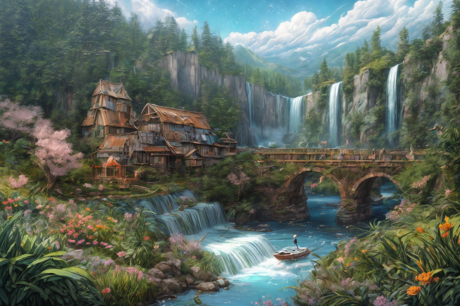 (RAW photo, 8k uhd, Analog style, Masterpiece, Best Quality, Highres:1.4), (dramatic, cinematic:1.2), BREAK,
movie shot of colorful hyperdetailed fantastic fantasy mysterious magic landscape, above clouds, (medieval elven fantasy (village:1.35), (steampunk:1.05) (peasant:1.15) (robots:1.1) (crowd:1.35), playing (little steampunk (girl:1.25):1.1), (farm:1.31), (lake, (river:1.14):1.15), (bridges:1.4), (waterfalls:1.35), (boat:1.4), (dock:1.1), (cliff:1.35), road, (green:1.05) valley, (flowers:1.2), (maple trees:0.65), (green:1.05) (fields:1.3), (fences:1.3), (snowy:1.17) (pines:1.1), (pink:1.0) (flowering tree:1.12):1.22), BREAK,
((mountains:1.22), (futuristic:1.15) (overgrown:1.27) (skyscrapers:1.53) (ruins:1.35), (market, water wheel, castle:1.14), (colorful houses:1.2), birds, stairs, spaceport, ((bright morning sun daylight:1.05) rainbow pure (blue:1.05) sky, glowing:1.05), starry, crescent, meteor, ((fluffy cloud:1.2), godrays, light particles:1.05), various seasons, steam, smokes:1.2), BREAK,
(photorealistic:1.2), (intricate:1.3), (light theme:1.3), (inspiring joyful atmosphere:1.2), (fabulous, fantasy, mysterious, science fiction, post-apocalypse, incredible, amazing, happy, sunny, pastoral:1.2), (hyperdetailed, absurdres:1.2), (colorful, saturated:1.4), colorful lighting, BREAK,
<lora:more_details:1>,