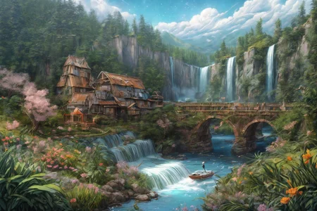 (RAW photo, 8k uhd, Analog style, Masterpiece, Best Quality, Highres:1.4), (dramatic, cinematic:1.2), BREAK,
movie shot of colorful hyperdetailed fantastic fantasy mysterious magic landscape, above clouds, (medieval elven fantasy (village:1.35), (steampunk:1.05) (peasant:1.15) (robots:1.1) (crowd:1.35), playing (little steampunk (girl:1.25):1.1), (farm:1.31), (lake, (river:1.14):1.15), (bridges:1.4), (waterfalls:1.35), (boat:1.4), (dock:1.1), (cliff:1.35), road, (green:1.05) valley, (flowers:1.2), (maple trees:0.65), (green:1.05) (fields:1.3), (fences:1.3), (snowy:1.17) (pines:1.1), (pink:1.0) (flowering tree:1.12):1.22), BREAK,
((mountains:1.22), (futuristic:1.15) (overgrown:1.27) (skyscrapers:1.53) (ruins:1.35), (market, water wheel, castle:1.14), (colorful houses:1.2), birds, stairs, spaceport, ((bright morning sun daylight:1.05) rainbow pure (blue:1.05) sky, glowing:1.05), starry, crescent, meteor, ((fluffy cloud:1.2), godrays, light particles:1.05), various seasons, steam, smokes:1.2), BREAK,
(photorealistic:1.2), (intricate:1.3), (light theme:1.3), (inspiring joyful atmosphere:1.2), (fabulous, fantasy, mysterious, science fiction, post-apocalypse, incredible, amazing, happy, sunny, pastoral:1.2), (hyperdetailed, absurdres:1.2), (colorful, saturated:1.4), colorful lighting, BREAK,
<lora:more_details:1>,