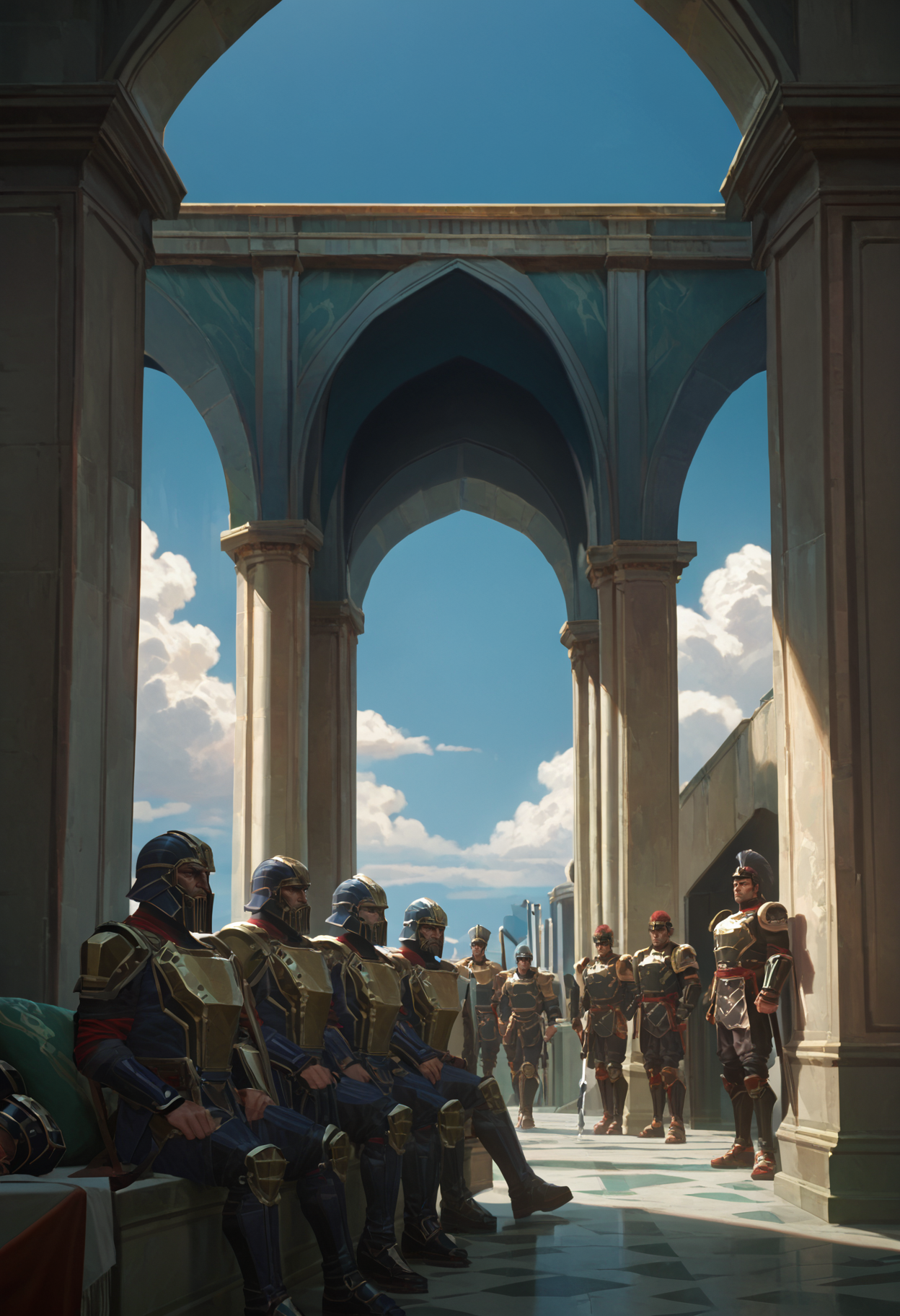 score_9, score_8_up, score_7_up,
 <lora:Arcane:1> arc4n3,
armor, multiple boys, sky, day, sitting, weapon, 6+boys, helmet, pillar, standing, cloud, sword, indoors, black hair, scenery, blue sky, hat, multiple girls, short hair, shoulder armor