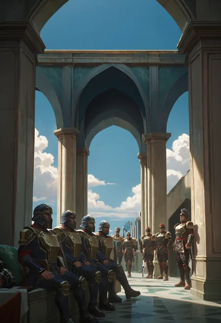 score_9, score_8_up, score_7_up,
 <lora:Arcane:1> arc4n3,
armor, multiple boys, sky, day, sitting, weapon, 6+boys, helmet, pillar, standing, cloud, sword, indoors, black hair, scenery, blue sky, hat, multiple girls, short hair, shoulder armor