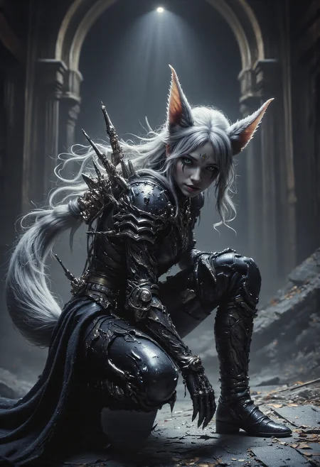 A striking sexy figure crouches in a dimly lit, ancient stone temple, their silver-gray armor glinting faintly in the muted light. The characterâs posture is low and predatory, with one hand touching the ground, emphasizing a poised readiness. mischievous smile. Large, fox-like ears rise sharply from their head, covered in soft silver fur that matches the flowing, bushy tail curling behind them. Their hair cascades in silver waves, blending seamlessly with the muted gray tones of their surroundings. The intricate patterns of their armor are adorned with gothic engravings, sharp spikes, and organic designs, all unified in shades of steel, charcoal, and silver. The atmosphere is otherworldly, with subtle beams of light filtering through the cracked stone walls, casting a soft glow on the characterâs graceful yet fierce form. <lora:Dever_Flux_Enhancer.safetensors:0.5>, <lora:DarkCore-000003.safetensors:1.0>, <lora:black_fantasy.safetensors:0.5>, <lora:s1n0z1ck style FG Flux Lora.safetensors:0.5>, <lora:aiai-Glimra-Flux-Dev-v2.safetensors:0.5>, <lora:Movie_Portrait.safetensors:0.8>, <lora:- Flux1 - soothing_atmo_V2.0.safetensors:0.4>, <lora:lith_mimosa_kiel_grw134_FLUX.safetensors:0.7>,