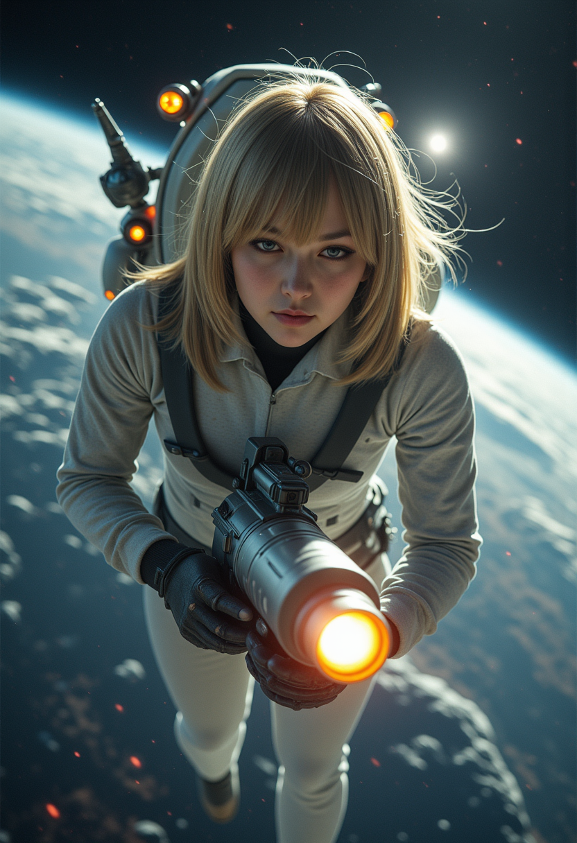 She is approximately 18 years old, dynamic angles,photoshoot poses, The image shows a young woman in a space suit, holding a futuristic laser gun. She is flying in front of a vast expanse of space, the Earth is  visible in the background. The woman has shoulder-length blonde hair and is looking directly at the camera with a serious expression on her face. she is wearing an futuristic space helmet. She has a futuristic backpack on her back, it's glowing.  The sky is dark and cloudy, with a bright light shining down on the woman. she is firing her laser gun at an unseen enemy, The overall mood of the image is intense and dramatic,RAW candid cinema,16mm,color graded portra 400 film,remarkable color,ultra realistic,textured skin,remarkable detailed pupils,realistic dull skin noise,visible skin detail,skin fuzz,dry skin,shot with cinematic camera,detailed skin texture,(blush:0.2),(goosebumps:0.3),subsurface scattering,beautiful photograph in the style of Augustus John,Sergio Toppi,Virginia Frances Sterrett,8k HD,detailed skin texture,ultra realistic,textured skin,analog raw photo,cinematic grain,whimsical.perfection style,aidmareduxstyle, she is smiling, smiling
