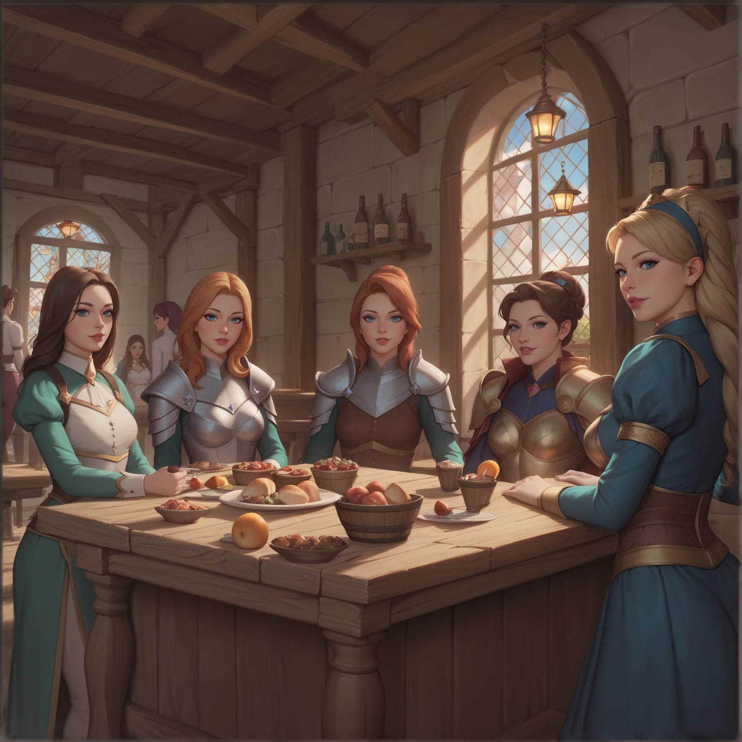 Role-playing game (RPG) style fantasy 5girls, walking, (a group shot: 1.1), (of an adventurer's party in an RPG game: 1.1), (sitting at a table in a tavern:1.1), <lora:The_Adventurers_Party:0.8>, adventureparty, tavern, table, food, looking at viewer, elves, humans, armor, robes, high quality, highres, masterpiece, best quality, 8k, intricate, detailed, <lora:add_detail:0.6>, very detailed, <lora:add_detail:0.6>, very detailed, <lora:more_details:0.6>, <lora:JuggerCineXL2:0.6>, <lora:NsfwPovAllInOneLoraSdxl:0.5>, <lora:epiCRealismHelper:0.5>, <lora:nudify:0.5>, <lora:sinfully_stylish_SDKL:0.5>, high quality, highres, masterpiece, best quality, 8k, intricate, detailed BREAK score_9, score_8_up, score_7_up, best quality, masterpiece, 4k, uncensored, prefect lighting, rating_explicit, very aesthetic, anime, zPDXL2 <lora:harem_4:0.5> ,multiple girls, group picture, lineup . Detailed, vibrant, immersive, reminiscent of high fantasy RPG games