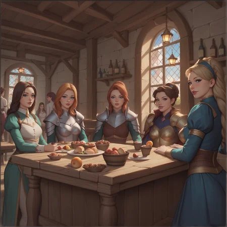 Role-playing game (RPG) style fantasy 5girls, walking, (a group shot: 1.1), (of an adventurer's party in an RPG game: 1.1), (sitting at a table in a tavern:1.1), <lora:The_Adventurers_Party:0.8>, adventureparty, tavern, table, food, looking at viewer, elves, humans, armor, robes, high quality, highres, masterpiece, best quality, 8k, intricate, detailed, <lora:add_detail:0.6>, very detailed, <lora:add_detail:0.6>, very detailed, <lora:more_details:0.6>, <lora:JuggerCineXL2:0.6>, <lora:NsfwPovAllInOneLoraSdxl:0.5>, <lora:epiCRealismHelper:0.5>, <lora:nudify:0.5>, <lora:sinfully_stylish_SDKL:0.5>, high quality, highres, masterpiece, best quality, 8k, intricate, detailed BREAK score_9, score_8_up, score_7_up, best quality, masterpiece, 4k, uncensored, prefect lighting, rating_explicit, very aesthetic, anime, zPDXL2 <lora:harem_4:0.5> ,multiple girls, group picture, lineup . Detailed, vibrant, immersive, reminiscent of high fantasy RPG games