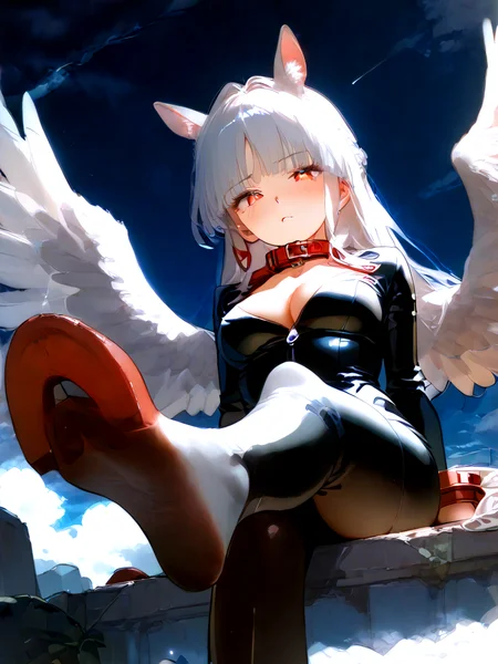 score_9, score_8_up, score_7_up, source_anime, break,  pretty sexy 1girl, Expressiveh, detailed eyes, Uncensored, Erotic, lustful, rutting, seduction,
Sitting high above the city, face focus, white feathered wings, looking at viewer. The atmosphere around her is dark and somber, reflecting her inner turmoil and resilience. The background is a desolate, barren landscape with a brilliant,
warm cloud filled twilight sky, unique angle,solo,bare foot,feet focus, sitting, from below
ponygirl,middle breasts, cleavage, white  hair, red eyes, red leather collar, :3, blush, (white horse's tail, red hoof hooves:1.5), leather horsewhip,  (black Smooth soft catsuit:1.3),  depth of field, light particles,
<lora:detailed_notrigger:1> <lora:Expressive_H:1><lora:naipf:0.8>
