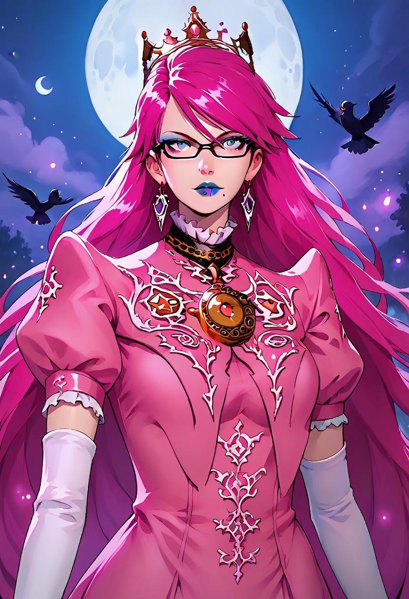 upper body, half body, ((crown, dress, gem, gloves, pink dress, puffy short sleeves, puffy sleeves, short sleeves, white glove)), BayonettaSDXL, Bayonetta2, 1girl, solo, focus, magic, dark shadows magic, long hair, looking at viewer, absurdly long hair, ponytail, Floor length air gray eyes, pink hair, blue lipstick, gloves, jewelry, very long hair, tall girl, earrings, parted lips, glasses, elbow gloves, white gloves, mole, lips, bodysuit, makeup, night, moon, lipstick, mole under, r mouth, full moon, amulet, bayonetta, cowboy shot,, crowmancer, crow flock, drawing dark magic circles with shadows, bold, striking, cowboy shot, easynegative, flat color, dark theme, g4n1m3, shadow magic, arkane_dark, night, night lights, dynamic pose, dynamic angle, Vintage BREAK score_9, score_8_up, score_7_up, score_6_up, source_anime,