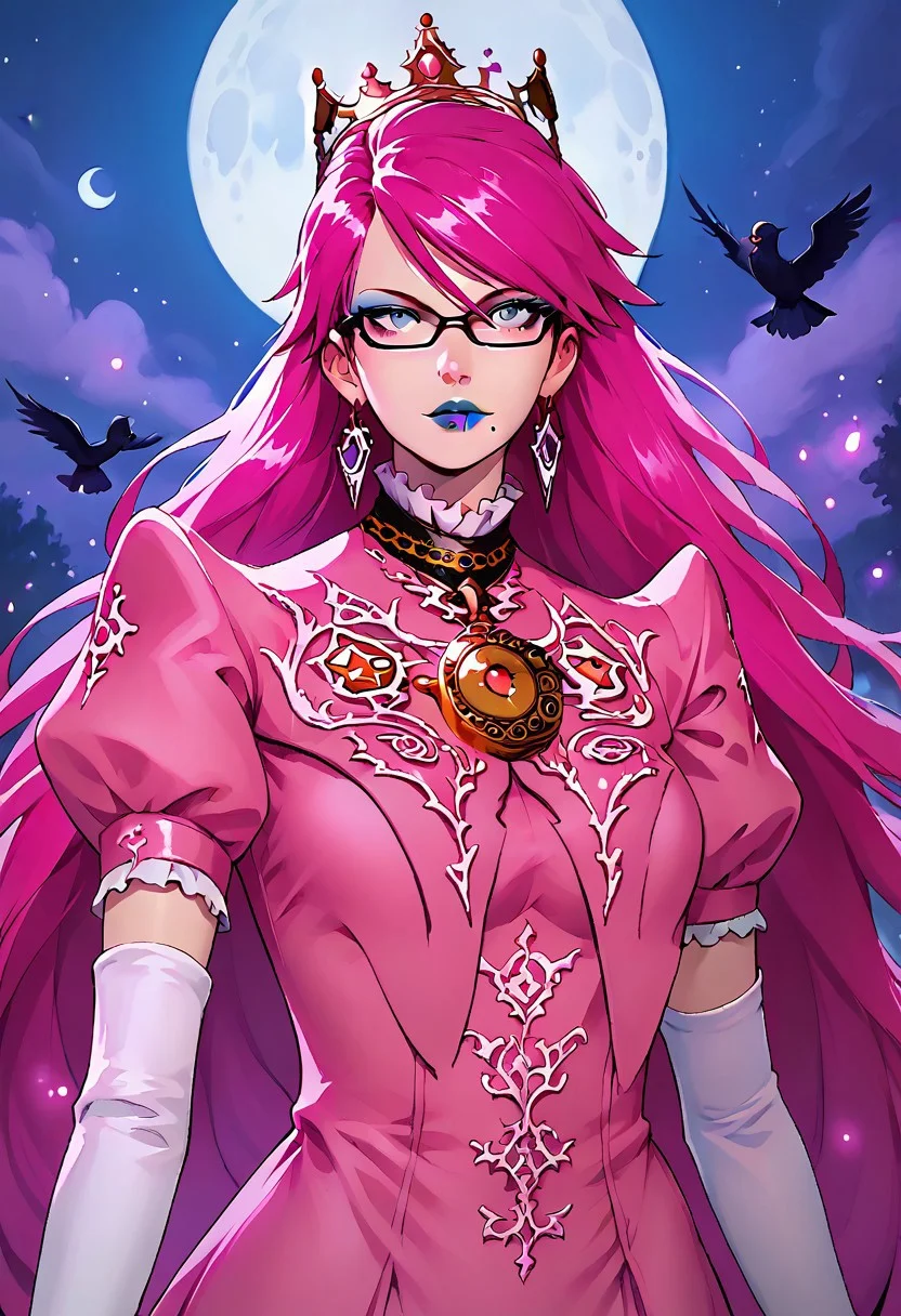upper body, half body, ((crown, dress, gem, gloves, pink dress, puffy short sleeves, puffy sleeves, short sleeves, white glove)), BayonettaSDXL, Bayonetta2, 1girl, solo, focus, magic, dark shadows magic, long hair, looking at viewer, absurdly long hair, ponytail, Floor length air gray eyes, pink hair, blue lipstick, gloves, jewelry, very long hair, tall girl, earrings, parted lips, glasses, elbow gloves, white gloves, mole, lips, bodysuit, makeup, night, moon, lipstick, mole under, r mouth, full moon, amulet, bayonetta, cowboy shot,, crowmancer, crow flock, drawing dark magic circles with shadows, bold, striking, cowboy shot, easynegative, flat color, dark theme, g4n1m3, shadow magic, arkane_dark, night, night lights, dynamic pose, dynamic angle, Vintage BREAK score_9, score_8_up, score_7_up, score_6_up, source_anime,