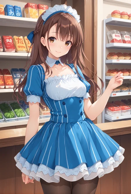 score_9, score_8_up, score_7_up, score_6_up, score_5_up, score_4_up,anime,cowboy shot,
ensemble style, chihiro(ensemble), brown eyes,brown hair, hair ribbon,long hair,smile,
katoumaid, blue short dress,maid, maid headdress, puffy short sleeves, detached collar, frills, vertical stripes,striped,
store,indoors,shelf,pantyhose,lawson,<lora:ChihiroXLPony:1>,<lora:katoumaidXLPony:1>
