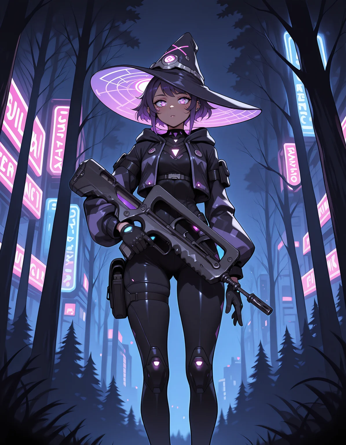 1girl, purple hair, angled view, <lora:famas_ill_v1.0:1> famas, assault rifle, bullpup, holding rifle <lora:cyberwitches:0.7> cyberwitches, witch hat, black gloves, hood, night, neon lights, forest, cyber punk girl, dark background, glowing, mist, city