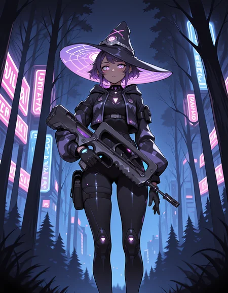 1girl, purple hair, angled view, <lora:famas_ill_v1.0:1> famas, assault rifle, bullpup, holding rifle <lora:cyberwitches:0.7> cyberwitches, witch hat, black gloves, hood, night, neon lights, forest, cyber punk girl, dark background, glowing, mist, city