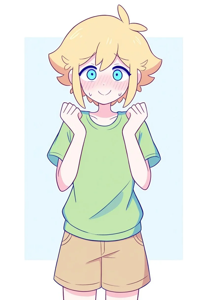 masterpiece, best quality, highres, amaruu, pastel colors, BREAK, basil /(omori/) 1boy, solo, blue eyes, blonde hair, short hair, green shirt, shorts, nervous, looking at viewer, blush, smile, hands up, standing, cowboy shot