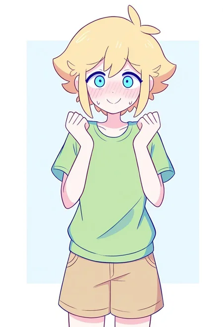 masterpiece, best quality, highres, amaruu, pastel colors, BREAK, basil /(omori/) 1boy, solo, blue eyes, blonde hair, short hair, green shirt, shorts, nervous, looking at viewer, blush, smile, hands up, standing, cowboy shot
