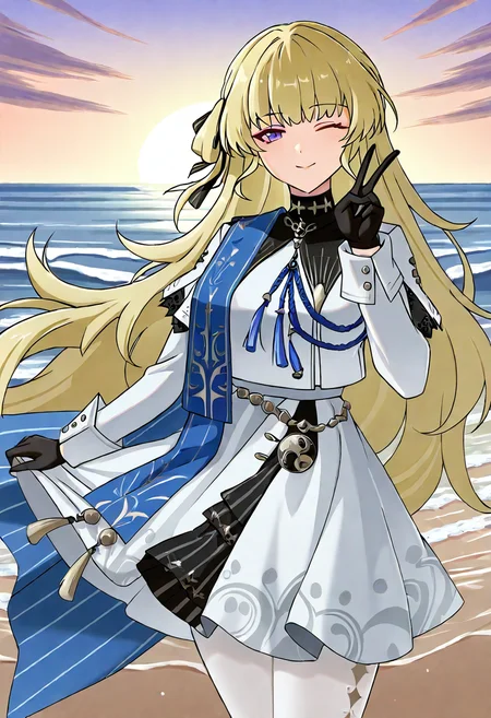 1girl, solo, phoebe wuthering waves, blonde hair, purple eyes, black gloves, blue sash, side cape, blue cape, long sleeves, white dress, white pantyhose, looking at viewer,
showing peace sign toward viewer, winking, tilted head, pov peace sign, sunset at beach, mid-range, three-quarter view, waves crashing in background, cheerful atmosphere
, <lora:Character_Phoebe-000015:0.8>