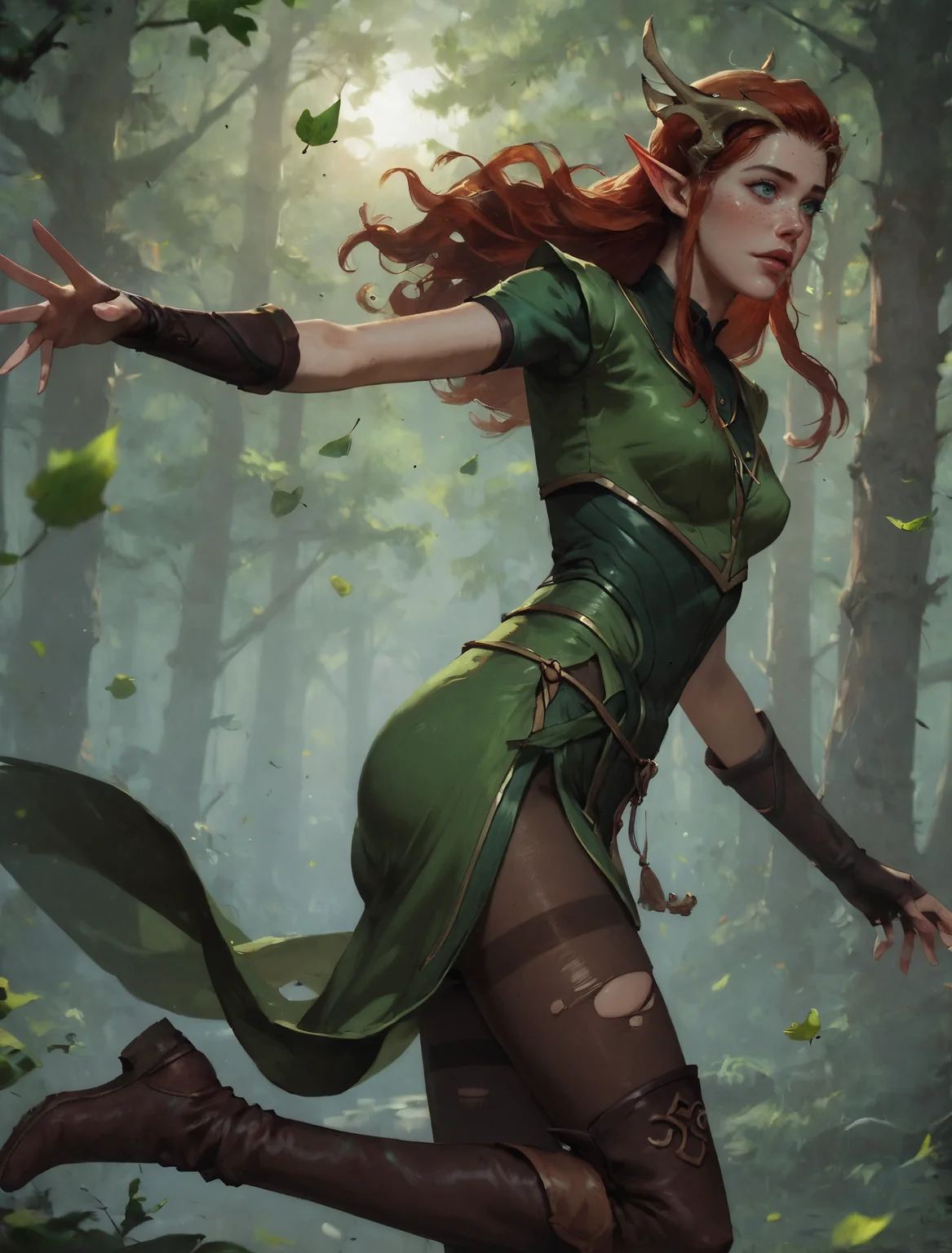 score_9, score_8_up, score_7_up, realistic, a beautiful girl, cute 18 year old elf girl, red hair, kawaii girl, skinny, petite body, perfect cute face, narrow hips, thin thighs, small breasts, long red wavy hair, pale skin, green eyes, detailed anatomy, realistic drawing, best quality, high res, highly detailed, medium breasts, druid,
keyleth, long hair, green eyes, pointy ears, elf, freckles, fantasy,
thighhighs, boots, fingerless gloves, thigh boots, brown footwear,
((brown pantyhose)), tights, brown torn pantyhose, leotard,
leather armor, green dress, short sleeves, sash, side slit, gauntlets, fantasy, adventurer girl,
concentrated expression on the face,
BREAK
realistic, realistic drawing, best quality, high res, highly detailed, pointed ears, skinny arms, slender body, tiny waist, slim thighs,
detailed background,
very detailed, depth of field, golden hour, cinematic illumination, volumetric lighting, full color picture, vibrant colors, sunlight, lens flare, leaves are flying around, druid magic, nature magic, forest,
BREAK
Keyleth (Vox Machina), posing cute, dynamic pose, very cute, round ass, expressiveh, concept art, realistic, small chest, perfect round breasts, petite body, very cute, long legs, shiny skin,
BREAK
negative_hand, depth of field,
Altar of the Moon Goddess, disquieting, Occult, Mysterious, Skipping
1dk, extremely detailed, gwentstyle, great lighting, Focused lights, hkmagic,
<lora:Concept Art Twilight Style SDXL_LoRA_Pony Diffusion V6 XL:0.8>, <lora:Expressive_H:0.8>, <lora:add-detail-xl:1>, <lora:1dkXLP:0.4>, <lora:extremely_detailed:0.4>, <lora:GwentStyle_v2:0.5>, <lora:keyleth-ponyxl-lora-nochekaiser:0.9>, <lora:GWENTXLV3:0.2>