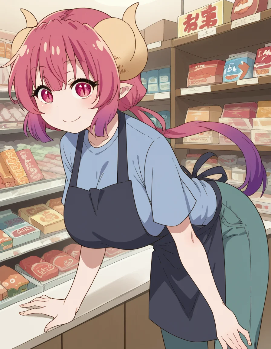 score_9, score_8_up, score_7_up, source_anime,
dragonilulu, <lora:dragon-ilulu-s2-ponyxl-lora-nochekaiser:1>,
ilulu, curled horns, horns, long hair, multicolored hair, purple hair, red eyes, red hair, slit pupils, large breasts,
shirt, short sleeves, apron, blue shirt, black apron, pants,
indoors, bent over, smile, shop,
looking at viewer, cowboy shot, dutch angle, solo,