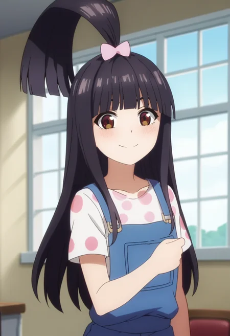 score_9, score_8_up, score_7_up, source_anime,anime screencap, anime coloring,intricate details,rating_safe, masterpiece, best quality,
(best quality, absurd res, ultra detailed),1girl, ((solo)), good eyes,perfect eyes,,detailed eyes, zPDXLxxx , zPDXL3,detailed, detailed face, <lora:add-detail-xl:3>,(4 finger)
BREAK
 <lora:raiha:0.8>, raiha, 1girl, brown eyes, black hair, long hair, hair bow, 
polka dot shirt, short sleeves, blue overalls,
BREAK
solo, indoors, standing, front view,
smirk,