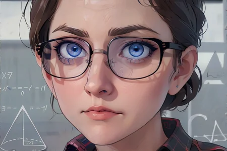 <lora:mathlady-incursio:1.00>, MathLadyMeme, text, english text, <lora:bzl:0.8>, bzl_test, glasses, flannel shirt, (blue|grey) eyes, <clip:skip:2> || skin, hair, text, chalk, masterpiece, 8k, high resolution, shallow depth of field, sharp focus