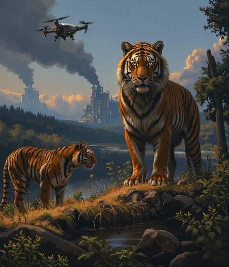 Beneath the golden light of a dying sun, three tigers stand as silent sentinels of a world slipping away. Their den, once a sanctuary deep in the jungle, now lies in the shadow of a relentless industrial invasion. Smoke rises in thick, curling plumes from the factory in the distance, its skeletal towers clawing at the sky, tearing into the land that once belonged to them. The river, which once mirrored the heavens in its crystalline depths, now runs thick with chemical waste, its surface shimmering with a sickly iridescence. Overhead, an unfeeling drone hovers, its cold mechanical eye locked onto them, reducing the last great beasts of the wild to mere data.
At the forefront stands the male tiger, a magnificent creature of sheer power and untamed beauty. His broad shoulders ripple with muscle, and his thick, flowing mane—a rarity among his kind—catches the last golden light, each strand a testament to the strength of his lineage. His amber eyes burn with defiance as he lifts his gaze toward the drone, the artificial intruder dissecting his very existence with a lifeless stare. His breath is slow, steady—he does not run. He does not cower. He simply watches, daring the machine to look upon him and understand what it has come to destroy.
To his left, a tigress crouches low against the withering jungle undergrowth. Her sleek, battle-hardened body is coiled with tension, her muscles taut beneath her striking orange and black pelt. Her ears flick at the distant roar of machines, her sharp eyes flickering between the drone above and the poisoned river below. A soft growl rumbles in her throat, a sound both protective and mournful. She remembers when the air was filled with the scent of fresh rain and earth, not the acrid tang of steel and smoke.
Partially concealed within the den’s darkened entrance, the eldest tigress lingers like a specter of the past. Her once-flawless coat bears the marks of countless battles—not just against prey, but against time, hunger, and the encroachment of man. Scars lace her form, silent records of a world that no longer belongs to them. Her gaze drifts past the factory, beyond the fading jungle, to where the land once stretched unbroken and free. She does not need to see the future to know what is coming—she has already felt it in the quiet disappearance of the herds, in the strange hum of machines replacing the songs of the forest.
The composition of this piece is breathtaking, an emotional contrast of power and vulnerability. The warm, golden hues of the tigers' fur stand against the lifeless grays and metallic tones of the factory. Smoke and sunlight intertwine in the sky, a battle of nature versus progress. The river, both beautiful and tragic in its shimmering toxicity, winds like a dying vein through the heart of this fractured world. The drone, a symbol of human detachment, looms overhead—watching, recording, but never truly seeing.
This is more than a depiction of endangered creatures. This is a moment in time, a visual elegy for all that is being lost. The tigers stand together, not just as individuals, but as a fading lineage—an echo of a wildness that once roamed without boundaries. In this frozen moment, they remain majestic, untamed, unbroken. But for how much longer?
Simon Stalenhag Style, v3lkat0k