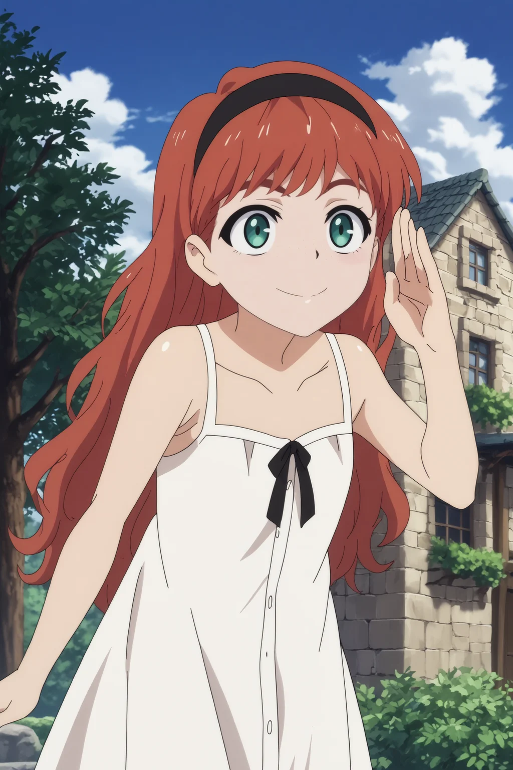 frill,1girl,solo,smile,hairband,dress,red hair,black hairband,freckles,white dress,collarbone,salute,leaning forward BREAK outdoors,blue sky,house,tree,forest <lora:Frill_-_Wonder_Egg_Priority.safetensors:0.8> <lora:detailed_backgrounds_v2.safetensors:0.5>