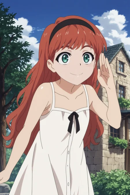 frill,1girl,solo,smile,hairband,dress,red hair,black hairband,freckles,white dress,collarbone,salute,leaning forward BREAK outdoors,blue sky,house,tree,forest <lora:Frill_-_Wonder_Egg_Priority.safetensors:0.8> <lora:detailed_backgrounds_v2.safetensors:0.5>