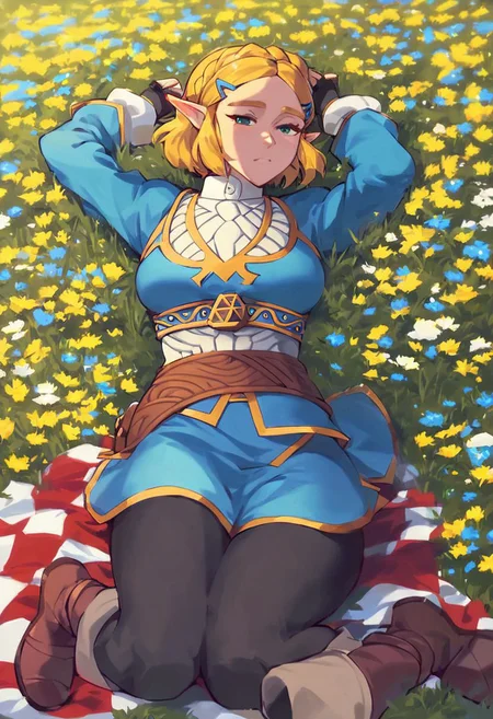 score_9, score_8_up, score_7_up, score_6_up BREAK solo,princess zelda,legend of zelda: breath of the wild,short hair,leggings,field,lying on picnic blanket, tired eyes,sexy pose, looking at viewer,slight smile,boots,wind,flowers,view from above looking down, open tunic, breasts exposed