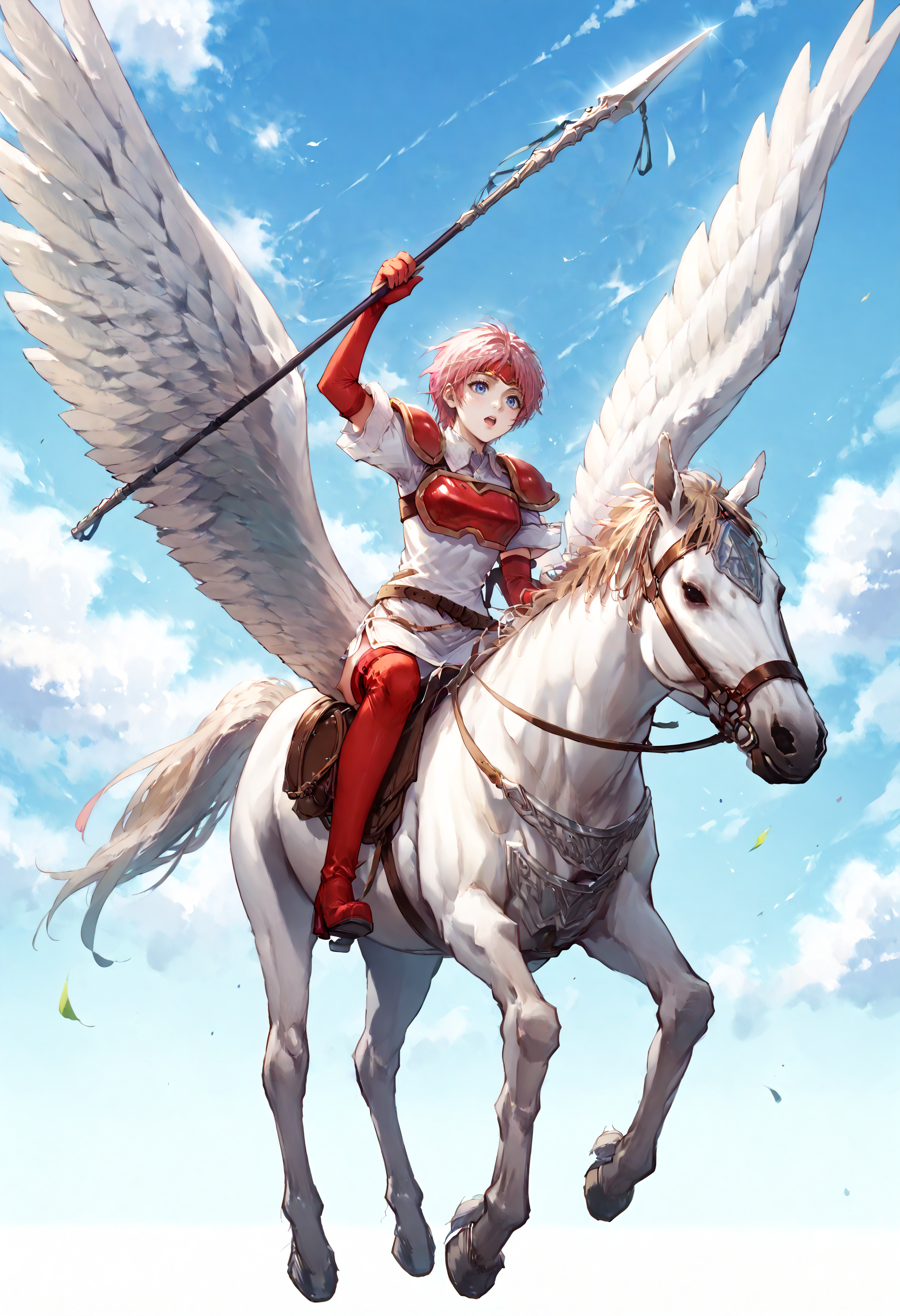 score_9,score_8_up,score_7_up,extreme detailed,full_body,zPDXL BREAK sky,flying,1girl,
<lora:Pony_DetailV2.0:1>,pegasus knight,horse,horseback riding,pegasus,<lora:pegasus knight-v2-pony:0.8>,holding polearm,charging forward BREAK defMarcia,short hair,white tunic,collared shirt,short sleeves,red armor,headband,red elbow gloves,belt,thigh boots,<lora:MarciaFE-pdxl-bsinky-v1:1>,