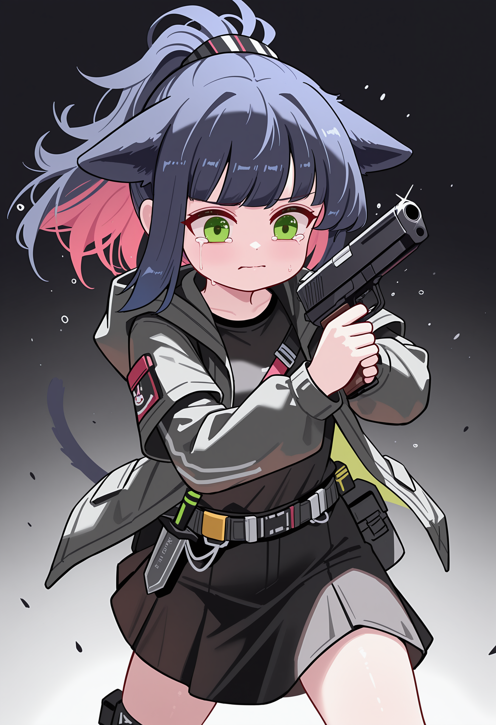 jessica_\(arknights\), 1girl, cowboy_shot, fighting_stance, handgun, dagger, crying,  <lora:None:1.0000000000000002> <lora:Sseopik_OMO:1.0000000000000002>