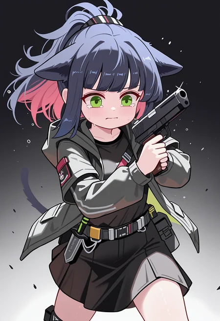jessica_\(arknights\), 1girl, cowboy_shot, fighting_stance, handgun, dagger, crying, <lora:None:1.0000000000000002> <lora:Sseopik_OMO:1.0000000000000002>