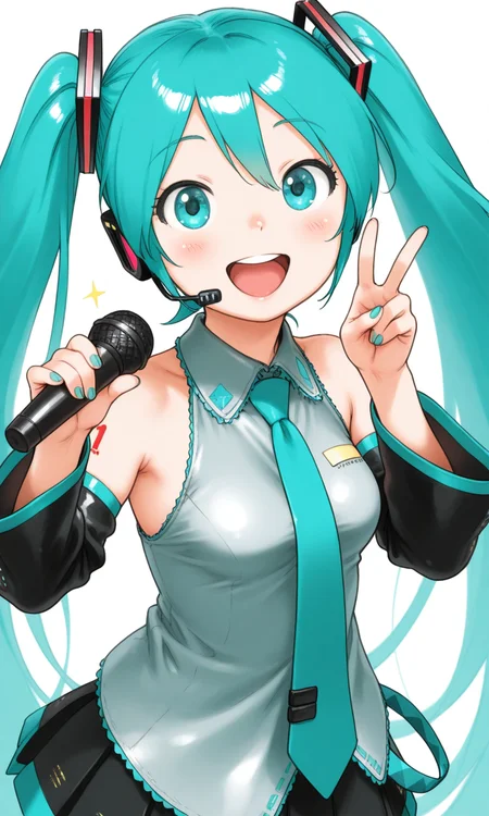 NIS4ILO, Hatsune Miku, solo, medium breasts, looking at viewer, holding microphone, peace sign, happy,