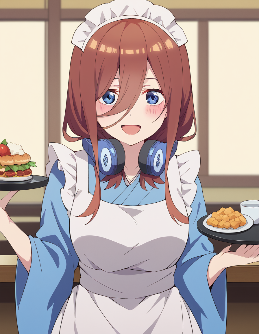 score_9, score_8_up, score_7_up, source_anime, mikunakano, <lora:miku-nakano-s2-ponyxl-lora-nochekaiser:1>, miku nakano, long hair, bangs, blue eyes, brown hair, hair between eyes, headphones, headphones around neck, large breasts,, <lora:wa-maid-ponyxl-lora-nochekaiser:1>, wa maid, maid, maid headdress, apron, white apron, frilled apron, maid apron, kimono, japanese clothes, frilled kimono, holding tray, tray, food,, indoors, restaurant, smile, blush, open mouth,,