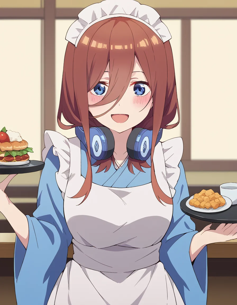 score_9, score_8_up, score_7_up, source_anime, mikunakano, <lora:miku-nakano-s2-ponyxl-lora-nochekaiser:1>, miku nakano, long hair, bangs, blue eyes, brown hair, hair between eyes, headphones, headphones around neck, large breasts,, <lora:wa-maid-ponyxl-lora-nochekaiser:1>, wa maid, maid, maid headdress, apron, white apron, frilled apron, maid apron, kimono, japanese clothes, frilled kimono, holding tray, tray, food,, indoors, restaurant, smile, blush, open mouth,,
