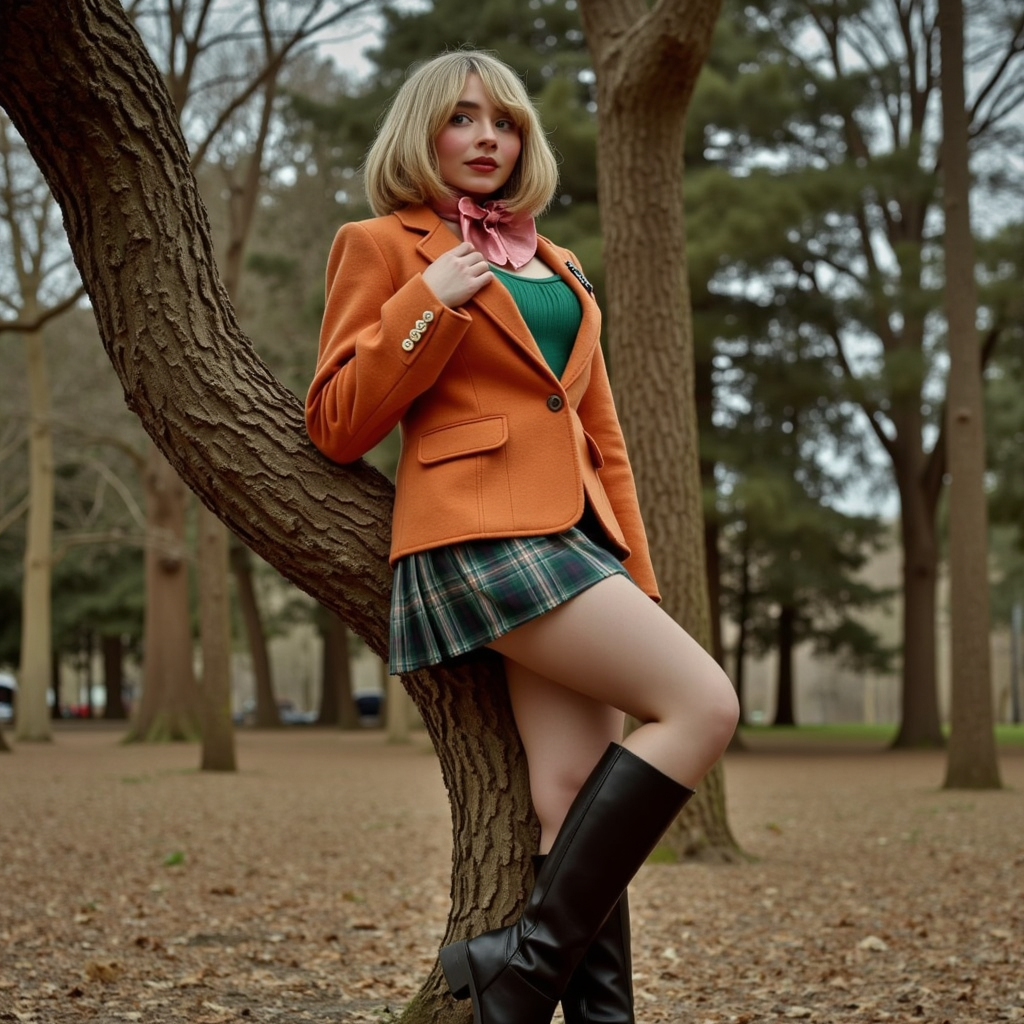 Faded Polaroid Photo, analog film photo <lora:AshleyR4:0.8> a close up, a candid,  half body shot, close up shot,  aslx, costume, aslx, a woman wearing an ashley graham costume with orange jacket, plaid skirt, black boots, blond hair styled in a bob, she's in a forest, leaning on a tree, ultra detailed, ultra realistic, ultra quality, cinematic, cinematic lighting, ultra detailed  <lora:SAbrina Carpenter-V1x1:1> s4br1n4c . faded film, desaturated, 35mm photo, grainy, vignette, vintage, Kodachrome, Lomography, stained, highly detailed, found footage, analog, old faded photo, old polaroid, RAW candid cinema, 16mm, color graded portra 400 film, remarkable color, ultra realistic, textured skin, remarkable detailed pupils, realistic dull skin noise, visible skin detail, skin fuzz, dry skin, shot with cinematic camera