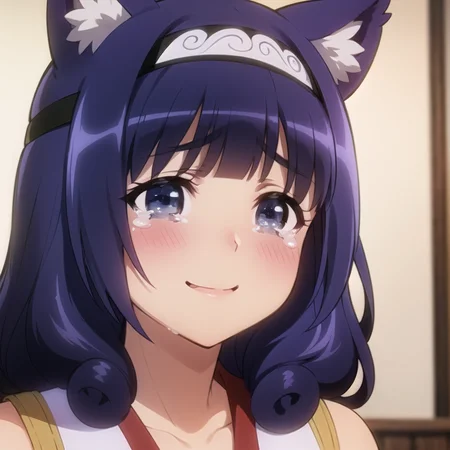 beautiful, masterpiece, best quality, extremely detailed face, perfect lighting, 1girl, solo, <lora:HitamuKyan:0.6>, hitamukyan, hairband, shirt, bike shorts, black belt, smile, portrait, tears, blush