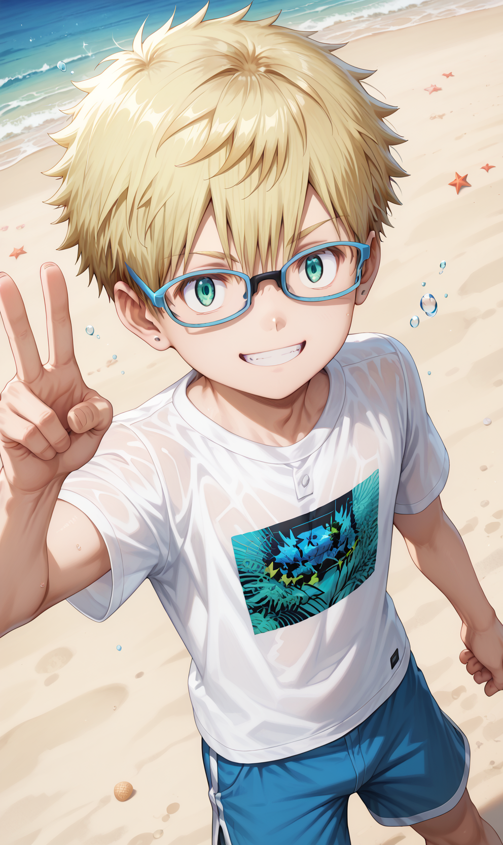 score_9, score_8_up, score_7_up, score_6_up, source_anime, from above,  1boy,  dynamic pose, dutch angle, looking at viewer, smile,v, blonde hair, green eyes, glasses, male focus, white t-shirt, shorts, beach, water splash, water particles, high quality,  highres, <lora:Rioh_Sonidori:1>