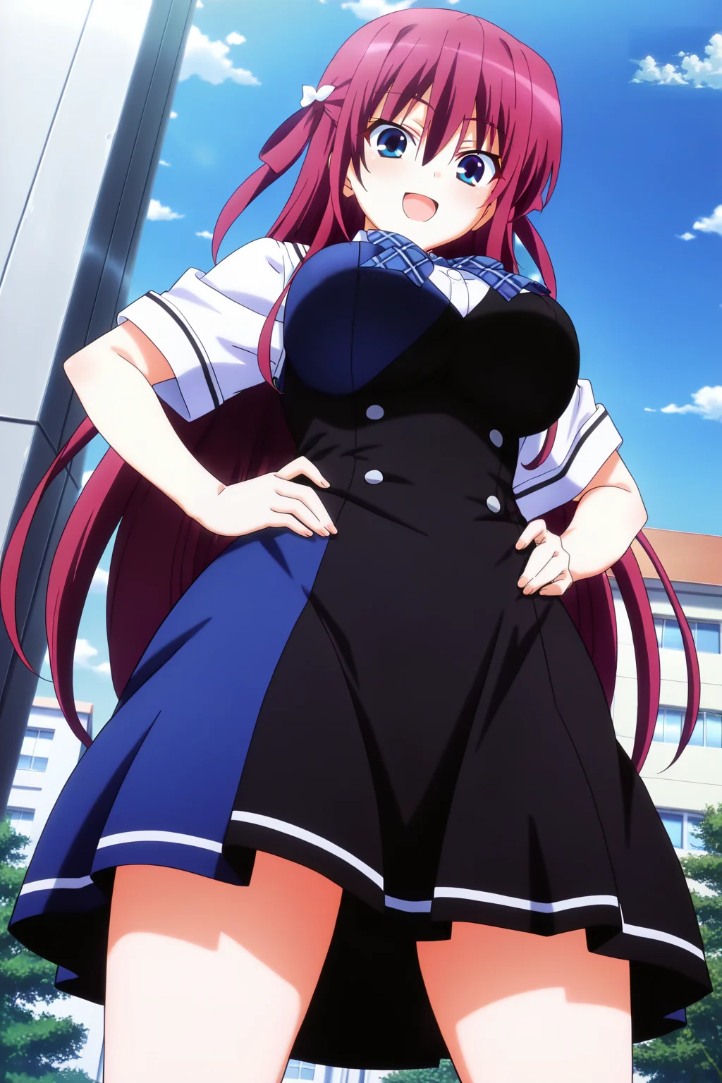 anime screenshot, anime coloring, suou amane, red hair, hair rings, white bow, hair bow, blue eyes, large breasts, school uniform, pinafore dress, black dress, blue dress, two-tone dress, short sleeves, white shirt, blue bowtie, plaid bowtie, looking at viewer, open mouth, smile, hands on own hips, cowboy shot, outdoors, day, blue sky, from below, masterpiece, best quality, high quality, highres, absurdres, <lora:suou_amane_ILXL:0.9>