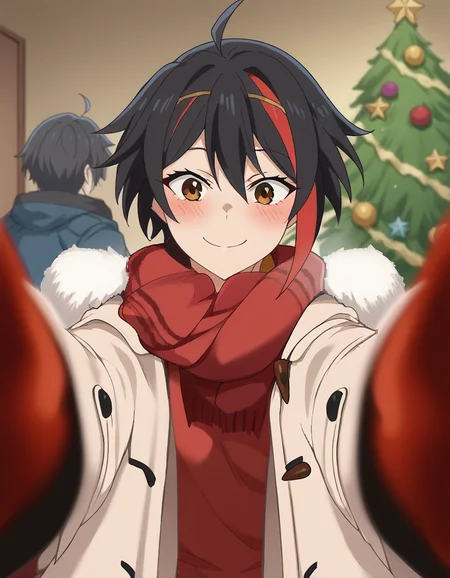 score_9, score_8_up, score_7_up, source_anime, <lora:maou2099-takahashi-s1-ponyxl-lora-nochekaiser:1>, maou2099 takahashi, short hair, black hair, brown eyes, ahoge, red hair, multicolored hair, streaked hair, mature female, small breasts, anime screencap,, <lora:pov-cheek-warming-ponyxl-lora-nochekaiser:1>, pov cheek warming, pov cheek warming (meme), winter gloves, duffel coat, fur-trimmed scarf, winter clothes, red mittens, meme, winter coat, red scarf, fur-trimmed coat, reaching towards viewer, reaching, mittens, fur-trimmed hood, white coat, open coat, scarf, coat, red gloves, snowing, pov, fur trim, depth of field, smile, blush,, christmas, christmas tree, christmas lights,, , dutch angle, cowboy shot