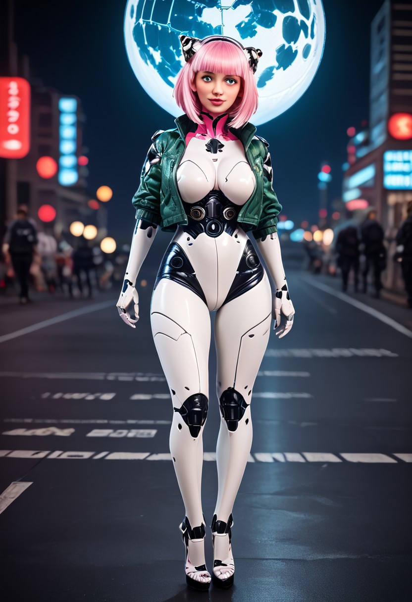score_9, score_8_up, score_7_up, Raw Photo, full length Portrait wide shot, cute android girl, red android, walking through a cyberpunk city, seductive, innocent, light smile:0.3, plump lips, artificial silicone face, artificial silicone skin, panel lines visible in skin, symmetrical , slender body, wearing pink science fiction clothes, hands, breathtaking grandeur, LED internal lighting, cyberpunk style, pale pink wig, large glowing blue glass eyes, cyborg, full moon, dystopian futuristic city background, depth of field, dynamic angle, photo realistic:1.4, realistic skin:1.4, fashion photography, sharp, analog film grain, hyperdetailed:1.15, her feet are stiletto heels
cinematic film still, shallow depth of field, vignette, highly detailed, high budget, bokeh, cinemascope, moody, epic, gorgeous, film grain, grain
cyborg bodysuit,science fiction, Robot Girl, Robogirl
silicone,s3xd0ll,large breasts,looking at viewer,blue eyes
ruanyi0812,white bodysuit,skin tight mint green jacket,open jacket
