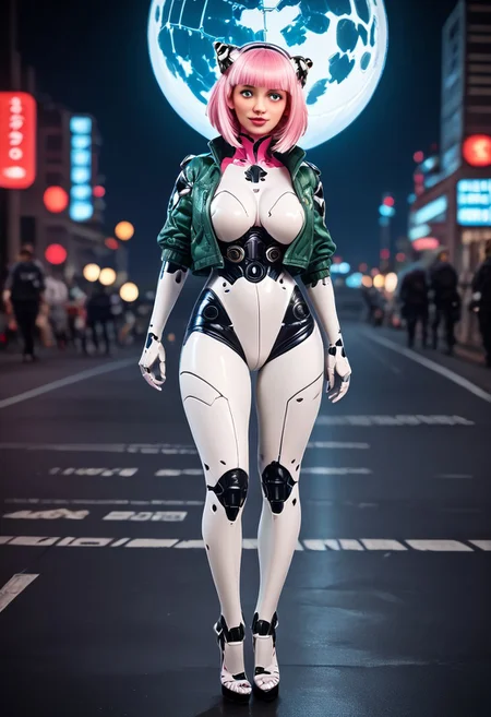 score_9, score_8_up, score_7_up, Raw Photo, full length Portrait wide shot, cute android girl, red android, walking through a cyberpunk city, seductive, innocent, light smile:0.3, plump lips, artificial silicone face, artificial silicone skin, panel lines visible in skin, symmetrical , slender body, wearing pink science fiction clothes, hands, breathtaking grandeur, LED internal lighting, cyberpunk style, pale pink wig, large glowing blue glass eyes, cyborg, full moon, dystopian futuristic city background, depth of field, dynamic angle, photo realistic:1.4, realistic skin:1.4, fashion photography, sharp, analog film grain, hyperdetailed:1.15, her feet are stiletto heels
cinematic film still, shallow depth of field, vignette, highly detailed, high budget, bokeh, cinemascope, moody, epic, gorgeous, film grain, grain
cyborg bodysuit,science fiction, Robot Girl, Robogirl
silicone,s3xd0ll,large breasts,looking at viewer,blue eyes
ruanyi0812,white bodysuit,skin tight mint green jacket,open jacket
