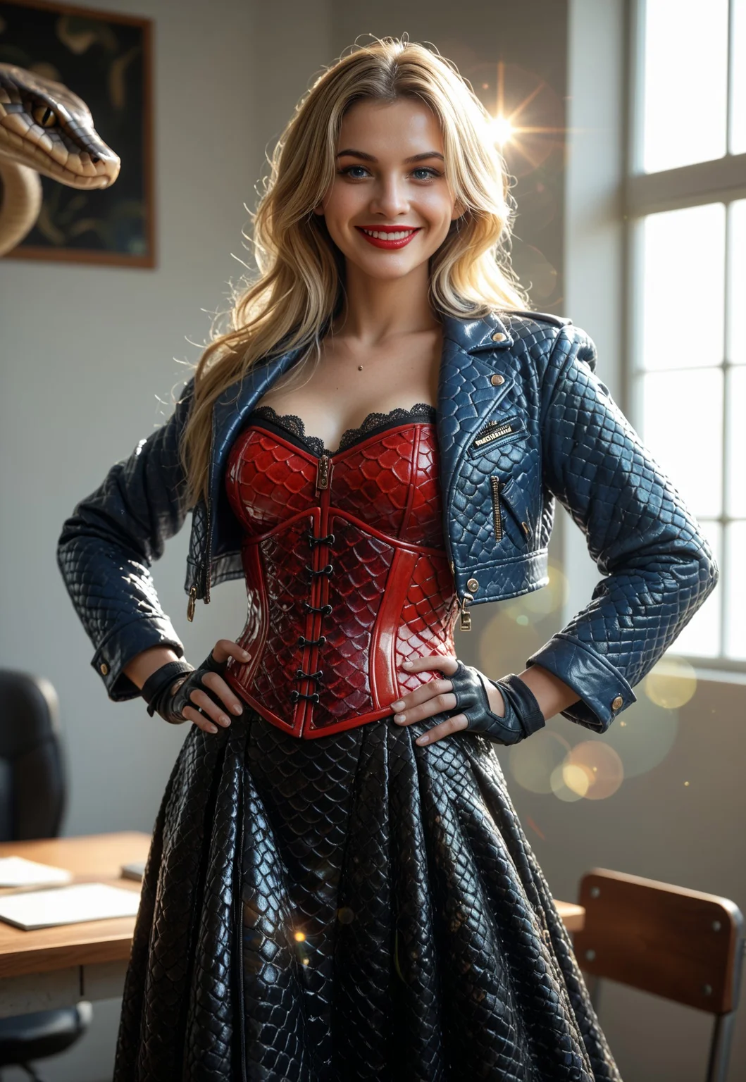 PonyXLV6_Scores, SN3K, snake, snek girl, 1girl, snakeskin black gloves, red snakeskin corset, blonde hair, blue eyes, snakeskin blue jacket, fingerless gloves, snakeskin black leggings, gloves, hand on hip, jacket, long skirt, snake scales, lipstick, long hair, looking at viewer, makeup, red lips, smile, solo, GlamorShots_PDXL