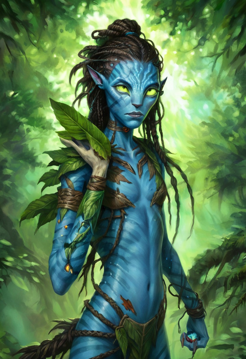 w4rh4mm3r style oil painting of a female cyborg Avatar navi alien with blue skin, wearing torn and damaged leaf and bark armor, with a cybernetic arm, burning forest of huge trees in the background, long electrical wires braided hair