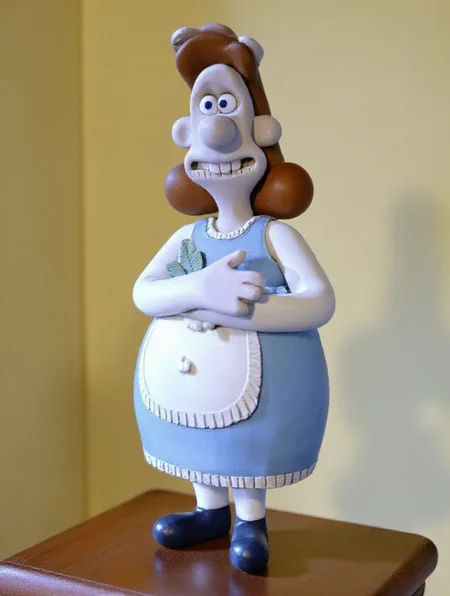 <lora:Ms_Leading:0.9> 1girl, brown hair, mole, long hair, blouse, striped shirt, ruffles, puffy sleeves, bonnet, hat, bow, curvy, bustle dress, blue skirt, blue apron, striped, dress, breasts, cleavage, apron, boots, long sleeves, <lora:claymation-FLUX:1.85> claymation, smile, doll on stand, table,