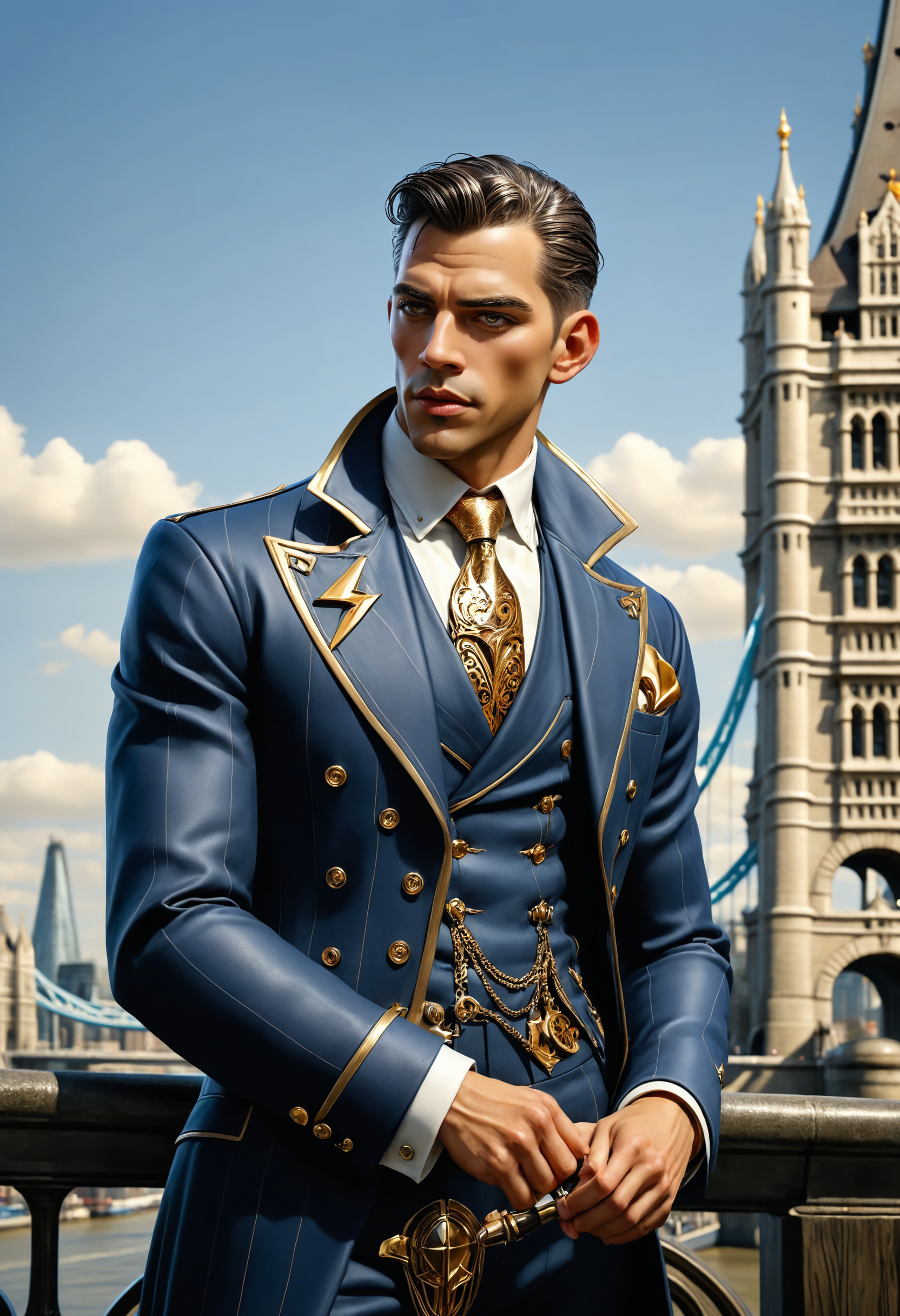 stylized by Joseph Christian Leyendecker, WLOP, Boris Vallejo, dark fantasy scene, Tilted head, near The Tower Bridge, 800mm lens, Low Contrast
<lora:dvr-bzz:0.8> dvr-bzz