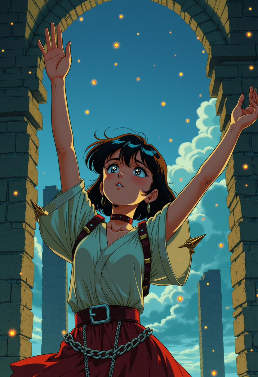 1girl, Retro style anime girl,
In ancient temple ruins, a young woman with delicate hands and spiked shoulder pads stretches her arms towards the sky, her sleek bob with bangs framing her wide-eyed awe as fireflies dance around her in a mesmerizing display of twinkling lights. Her chain belt glimmers in the fading light of day, as if infused with the magic of the mystical site. The air is filled with an otherworldly energy, drawing her closer to the secrets hidden within the crumbling structures., modernretroanime.