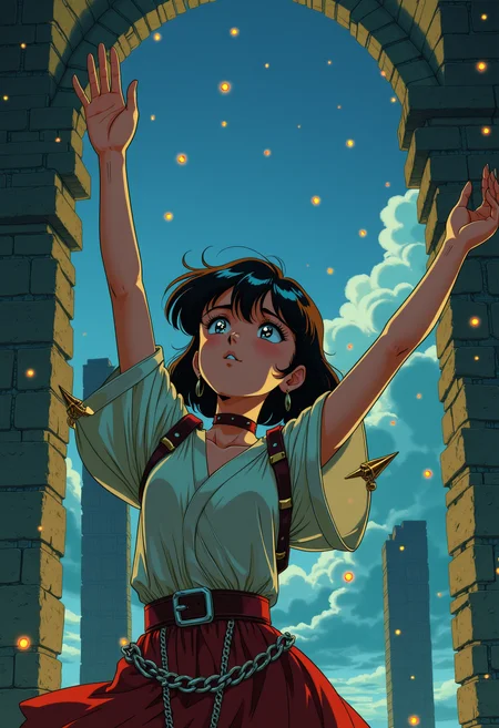 1girl, Retro style anime girl,
In ancient temple ruins, a young woman with delicate hands and spiked shoulder pads stretches her arms towards the sky, her sleek bob with bangs framing her wide-eyed awe as fireflies dance around her in a mesmerizing display of twinkling lights. Her chain belt glimmers in the fading light of day, as if infused with the magic of the mystical site. The air is filled with an otherworldly energy, drawing her closer to the secrets hidden within the crumbling structures., modernretroanime.