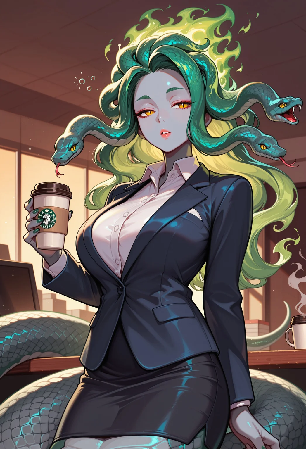 1girl, monster girl, fiery hair, (green fire), green hair, long hair, colored skin, grey skin, glow, masterpiece, best quality, absurdres,
office lady, secretary, skirt suit, pencil skirt, collared shirt, blazer,
solo, cowboy shot, looking to the side, half-closed eyes, sleepy, coffee cup, holding coffee cup,
(lamia, snake hair:1.2), grey scales, slit pupils,
intricate, highly detailed, majestic, shallow depth of field, movie still, circular polarizer