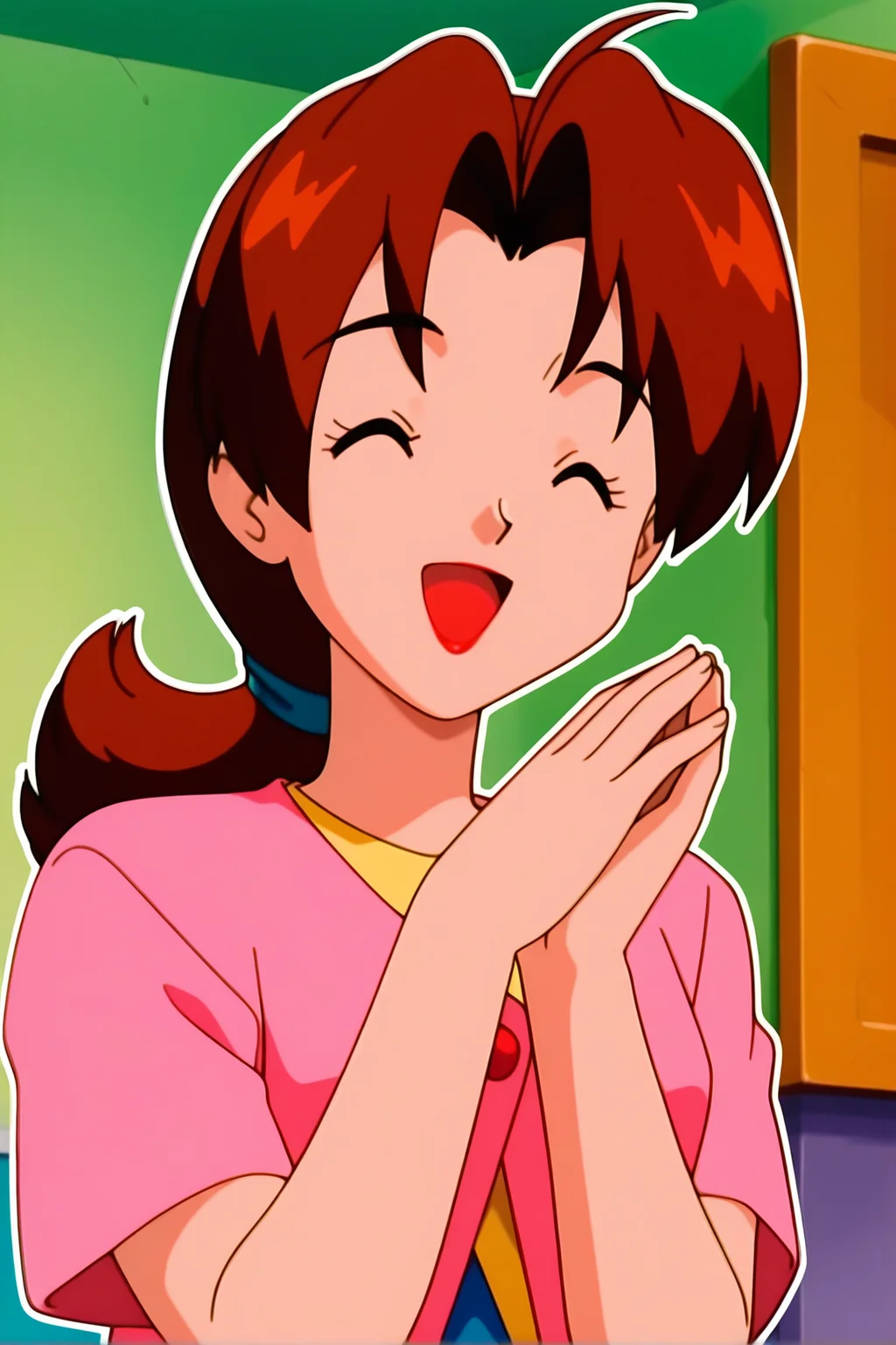 retro artstyle, 1990s \(style\), pokemon \(classic anime\), deliaca, 1girl, solo, long hair, smile, open mouth, shirt, brown hair, upper body, closed eyes, short sleeves, :d, parted bangs, hands up, eyelashes, ^_^, hair intakes, happy, indoors, own hands together, facing viewer, yellow shirt, outline, red lips, short hair, pink jacket, mature female, delia ketchum
<lora:Delia_Ketchump_Classic_Anime:1>