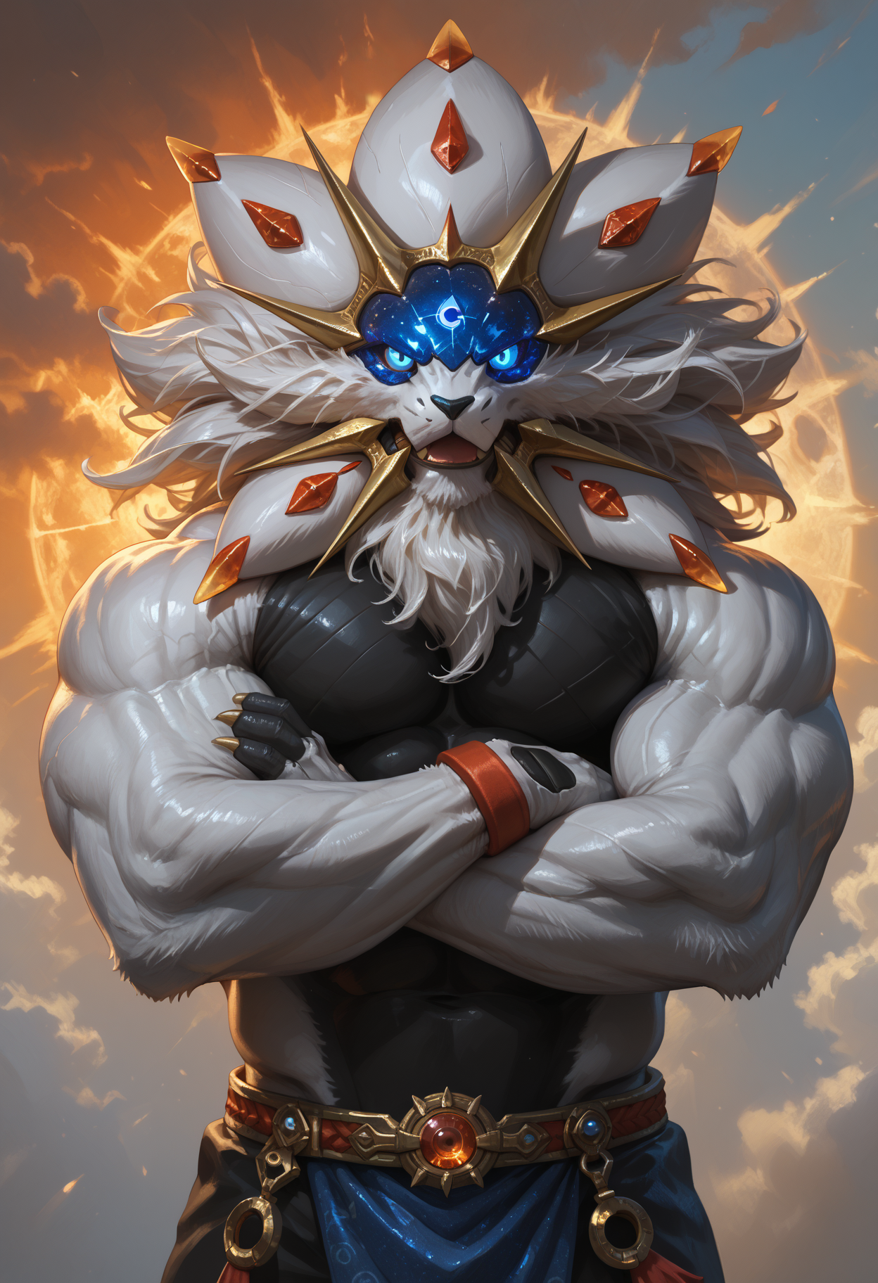 zPDXL3, score_9_up, score_8_up, score_7_up, (detailed face, detailed body, detailed background, perfect hands, perfect anatomy, masterpiece, high quality, best quality), rating_safe, source_furry, digital media \(artwork\) BREAK sun, island, solgaleo, pokemon (creature), blue eyes, glowing, anthro, black and white body, muscular, claws, big pecs, broad shoulders, thick thighs, crossed arms, looking at viewer, seductive, sexy <lora:detailed_notrigger:1>  <lora:Expressive_H:1> <lora:Solgaleo_Pokemon_V1:0.8> <lora:d3t41l3dXLP:0.5> <lora:HandFixer_pdxl_Incrs_v1:0.5> handfixer