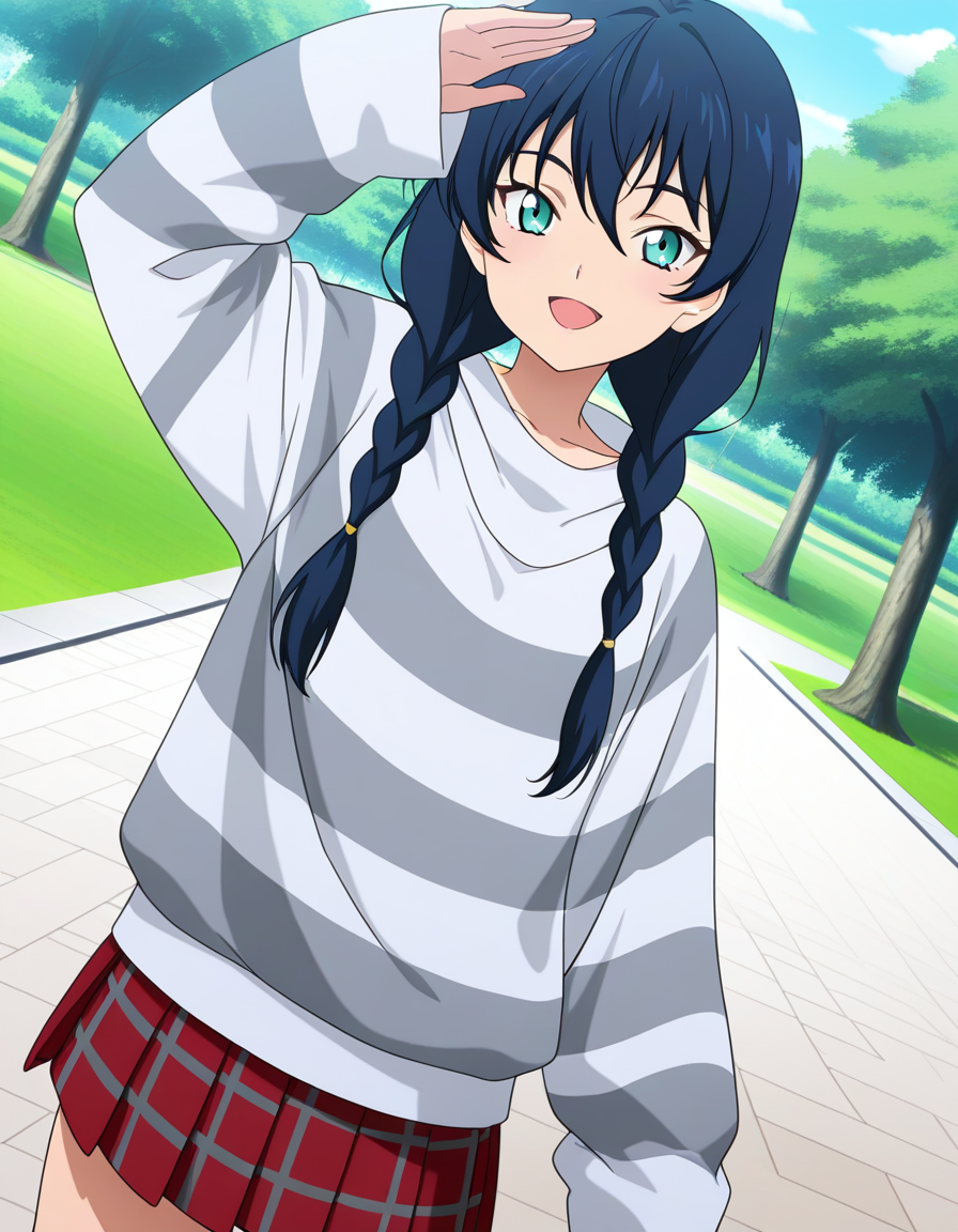 masterpiece,best quality,absurdres,official art,official style,source_anime,anime screencap,anime coloring,
1girl, solo, twin braids, dark blue hair, aqua eyes, small breast, 
<lora:drapefuku_IL:1>,drapefuku, white shirt, grey striped shirt, sweater, long sleeves, oversized clothes, red plaid skirt, pleated skirt, 
looking at viewer, cowboy shot, smile, front view, dutch angle, 
park, arm up, open mouth,